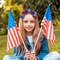 2 Pcs 4th of July Headband for Women, Adjustable Independence Day Pom Pom Hairband, Red White and Blue Patriotic Tinsel Headwear for Memorial Day Decoration Hair Accessories Party Favors